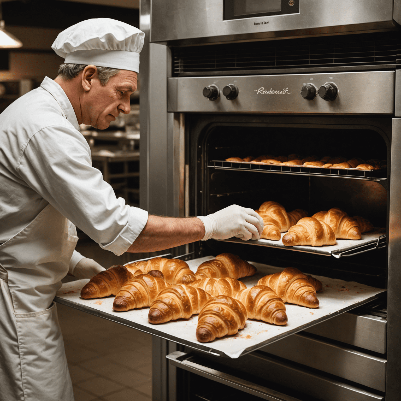 Afbeelding van een bakker die verse croissants uit de oven haalt