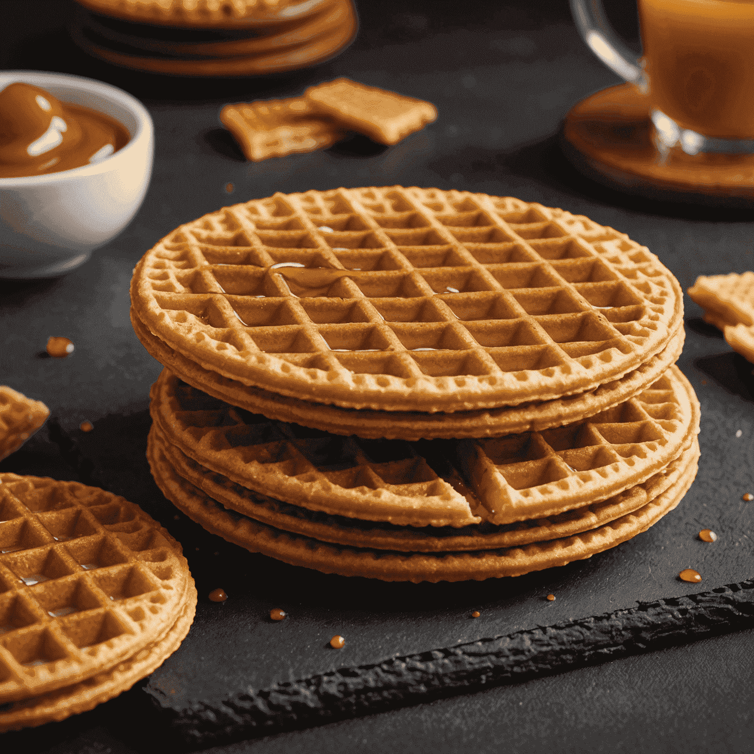 Close-up foto van een traditionele Nederlandse stroopwafel met een gouden, knapperige wafel en een rijke karamelvulling.