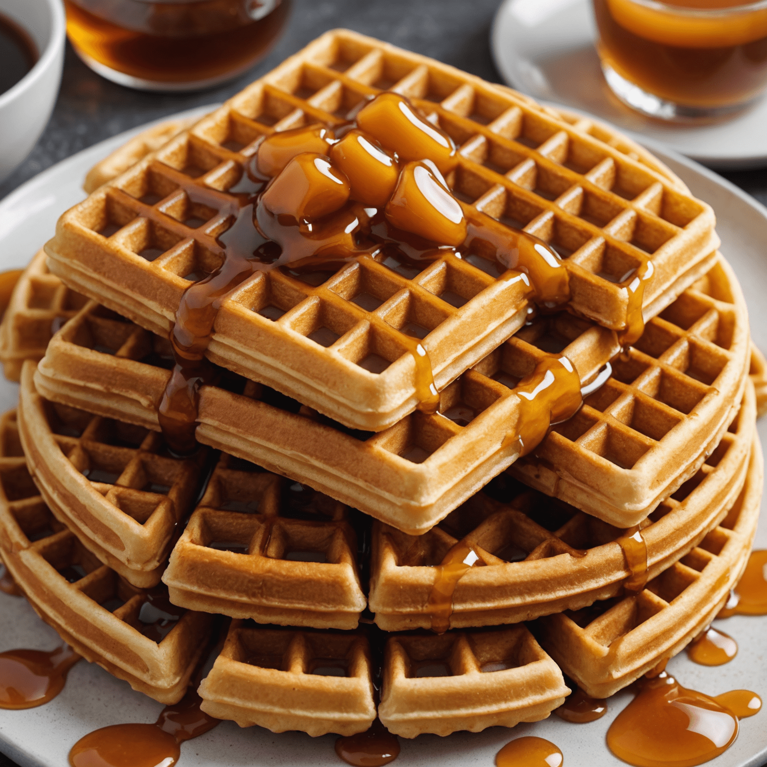 Close-up foto van een stapel versgebakken stroopwafels met gesmolten karamel ertussen. De wafels hebben een goudbruine kleur en een knapperige textuur.