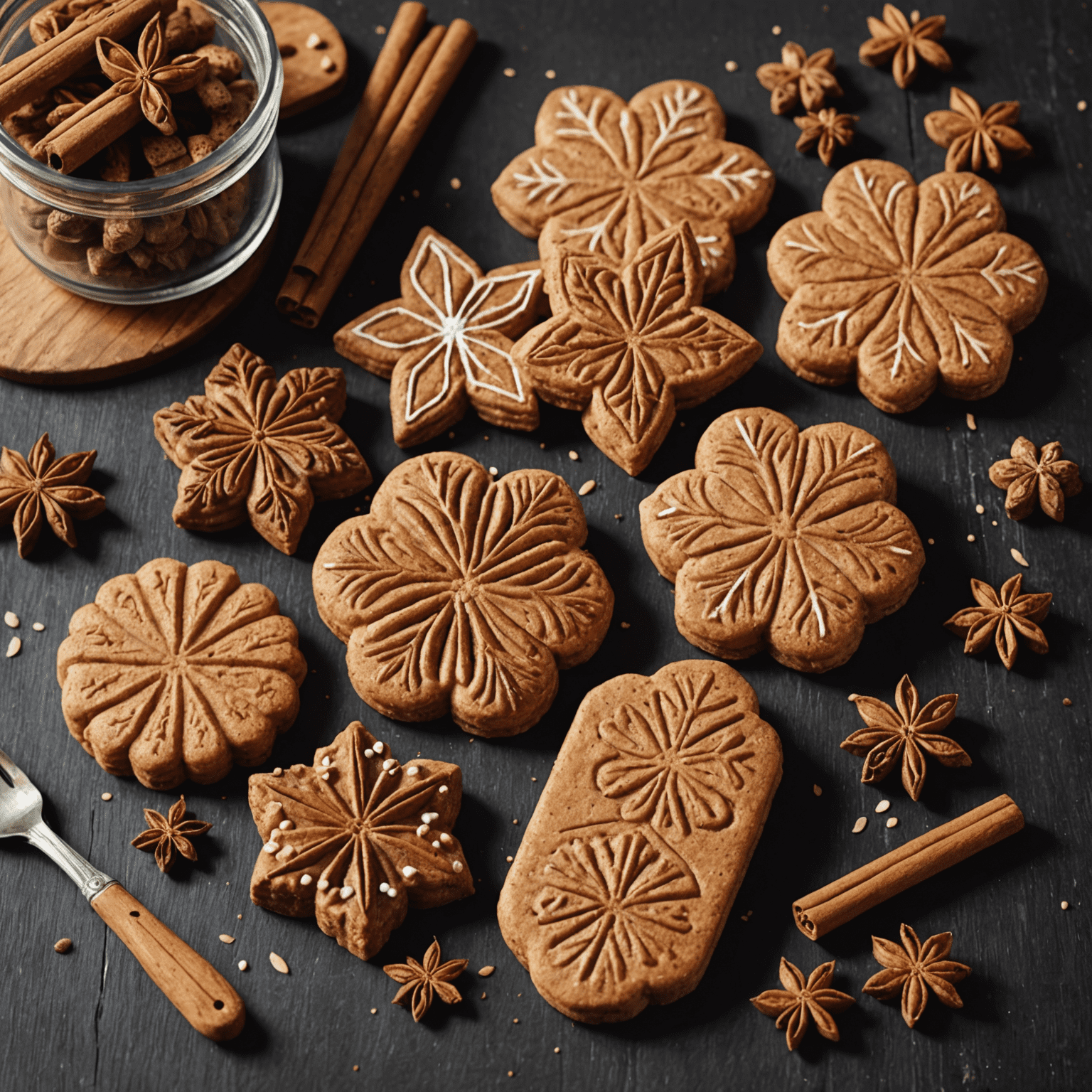 Traditionele Nederlandse speculaas koekjes in verschillende vormen en maten, bestrooid met suiker en specerijen, op een houten bord.