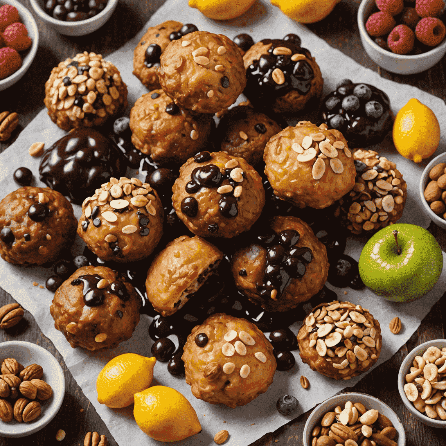 Oliebollen met diverse creatieve toppings zoals chocolade, fruit en noten