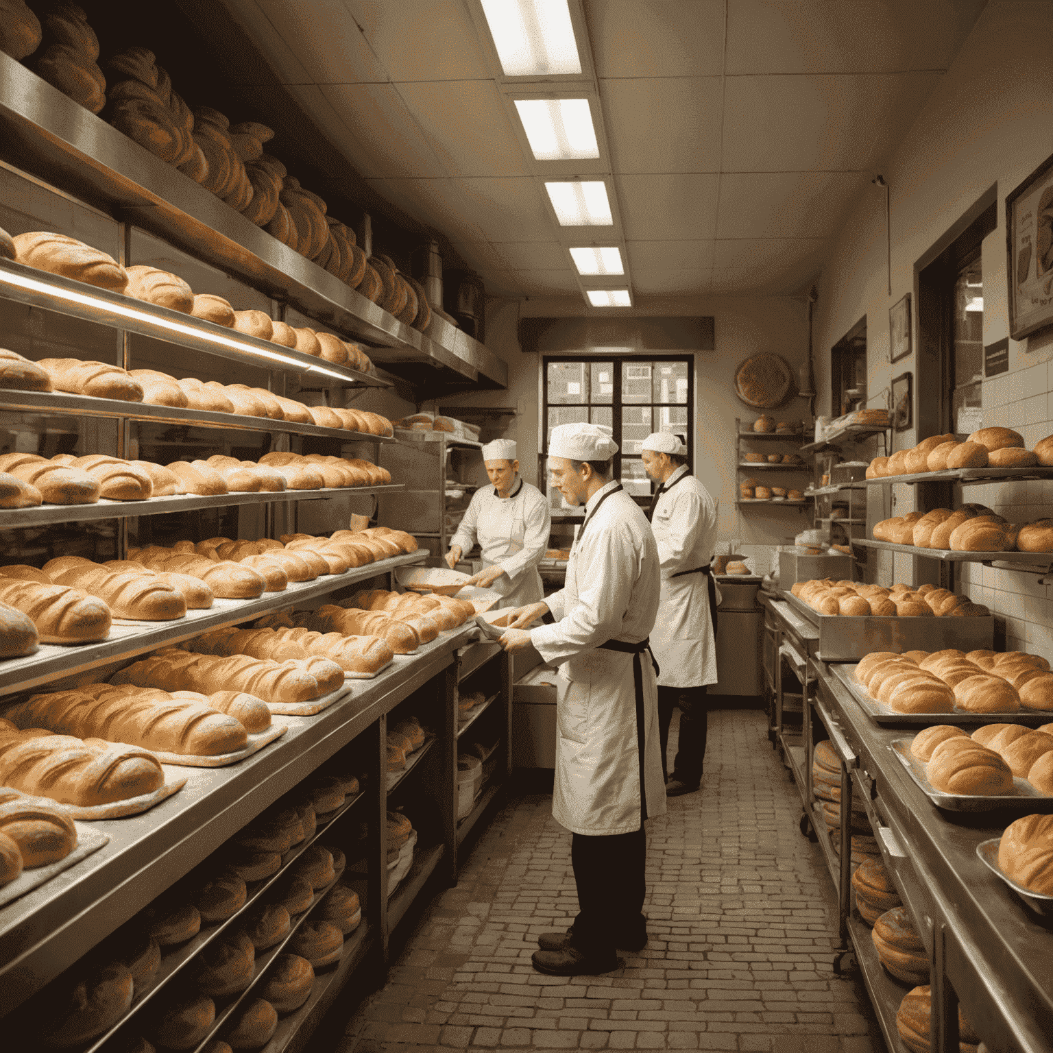 Interieur van een drukke Nederlandse bakkerij met bakkers aan het werk