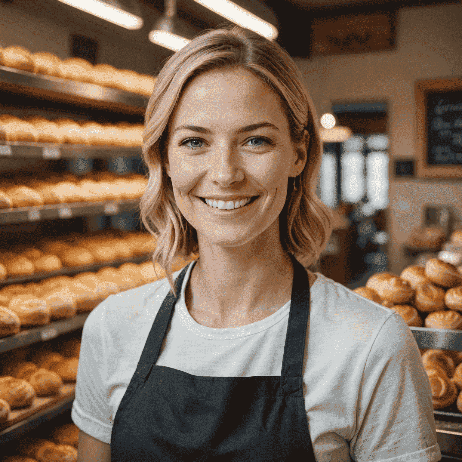 Portretfoto van Emma van der Linden, glimlachend in haar bakkerij