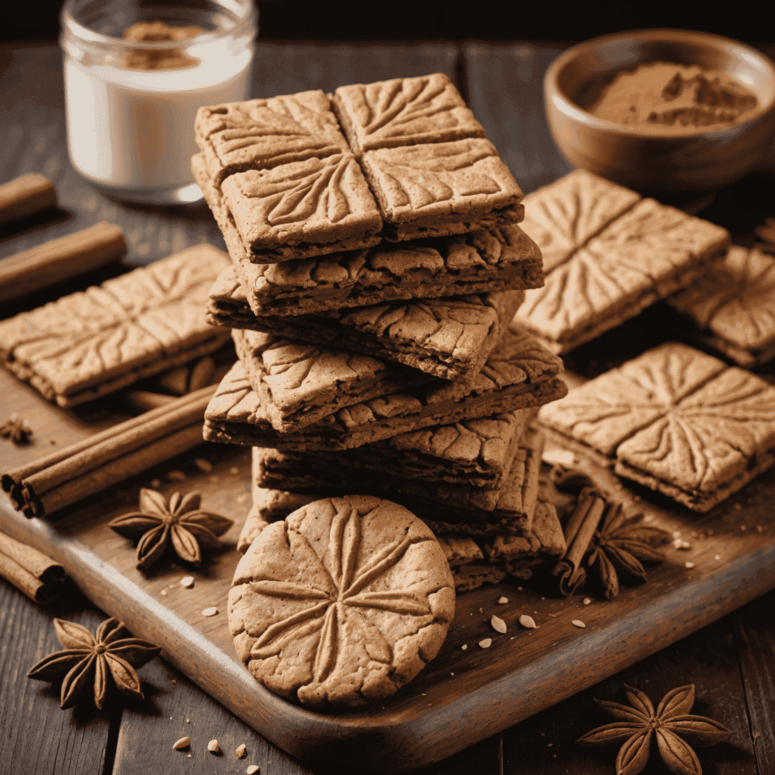 Afbeelding van versgebakken speculaaskoekjes met een rijk gekruid aroma, gestapeld op een houten bord.