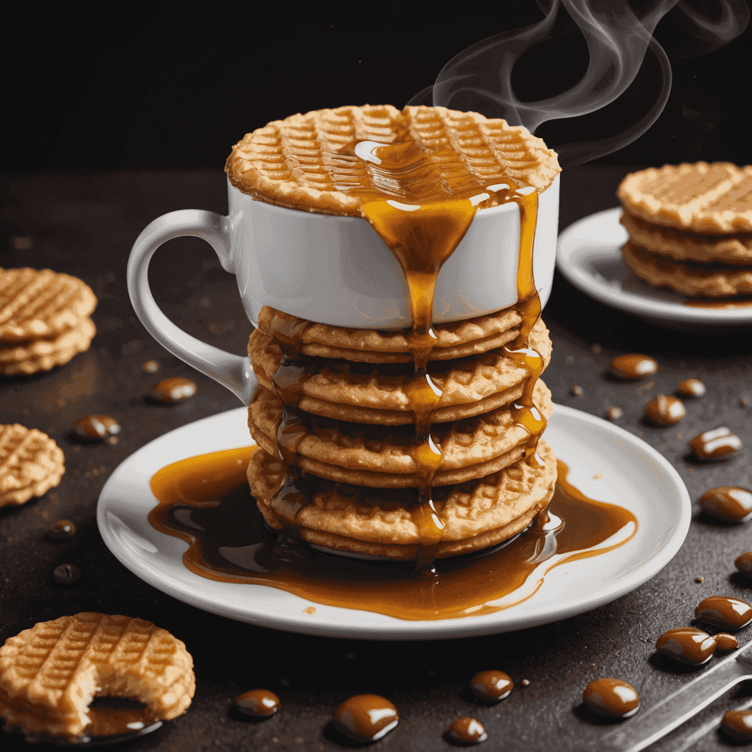 Foto van een warme stroopwafel bovenop een dampende kop koffie, met de karamel die smelt en in de koffie druipt.