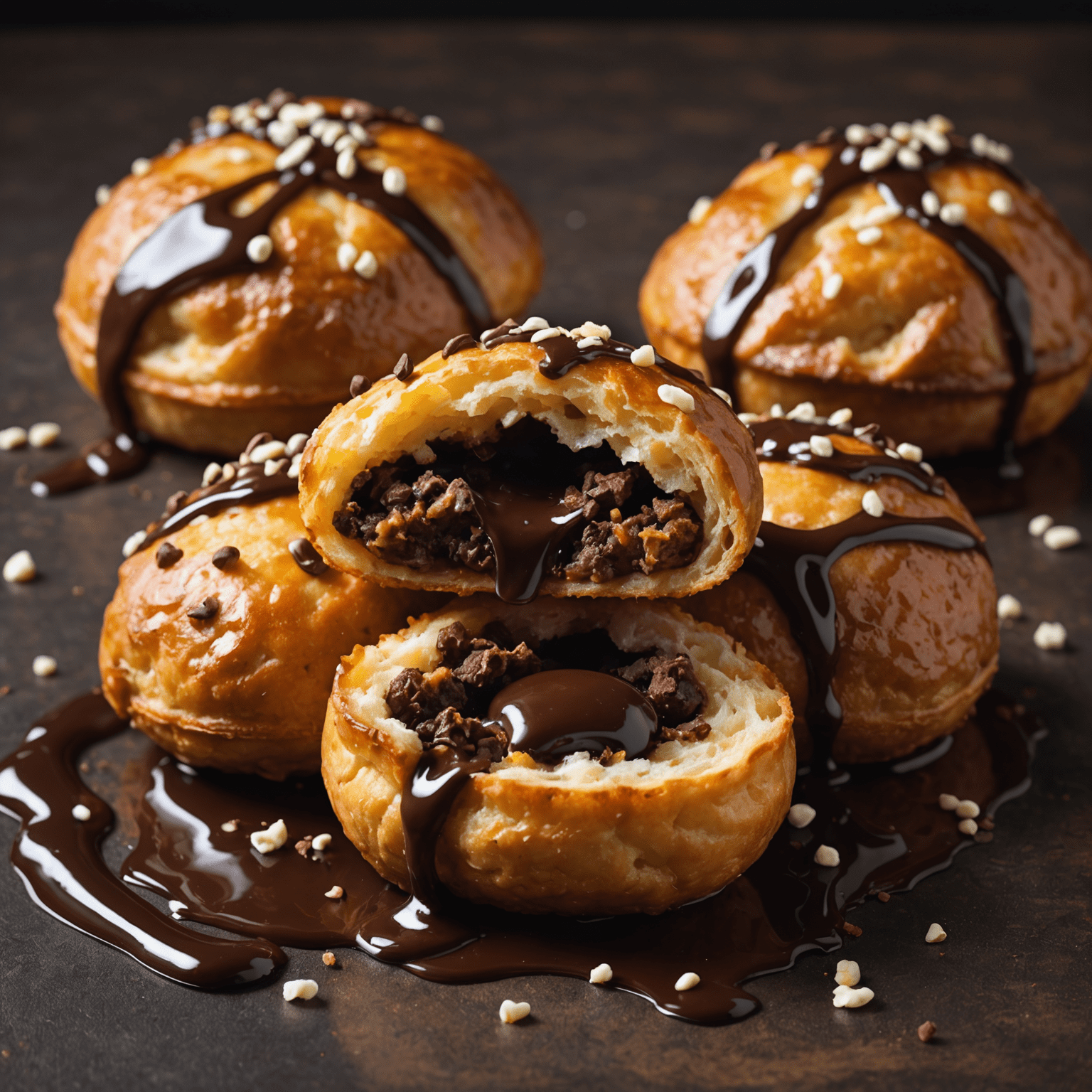 Doorgesneden oliebollen gevuld met smeltende chocolade