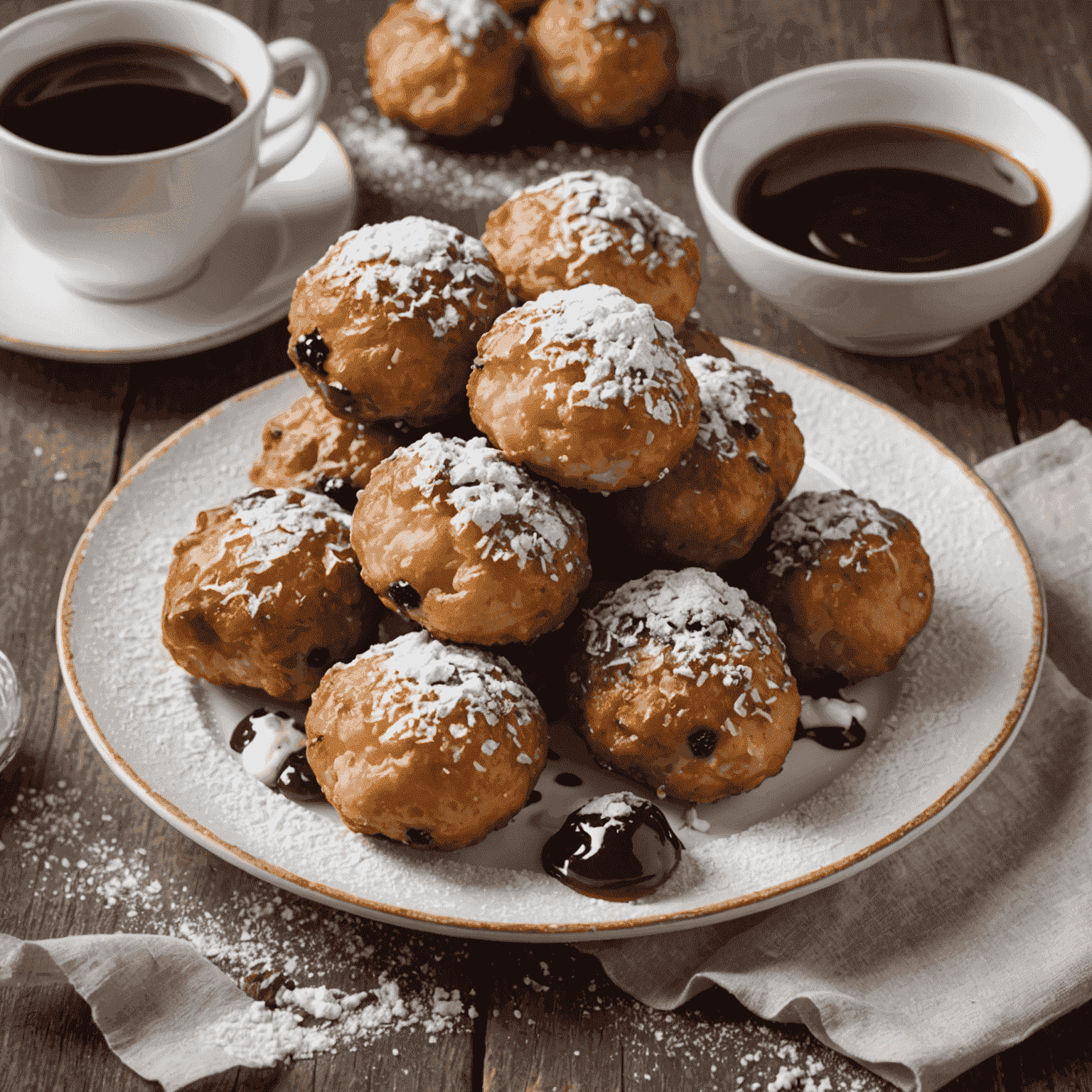 Knapperige oliebollen bestrooid met poedersuiker, geserveerd op een bord met jam en room.