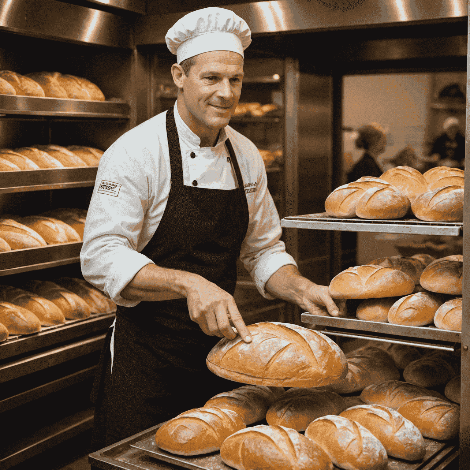 Bakker die vers brood uit de oven haalt in een drukke Nederlandse bakkerij.